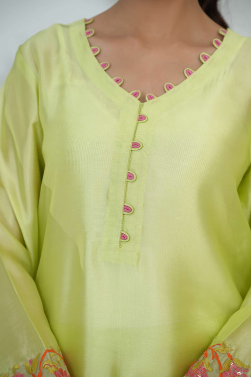 Zarreen Lime Glow Silk Ensemble detail